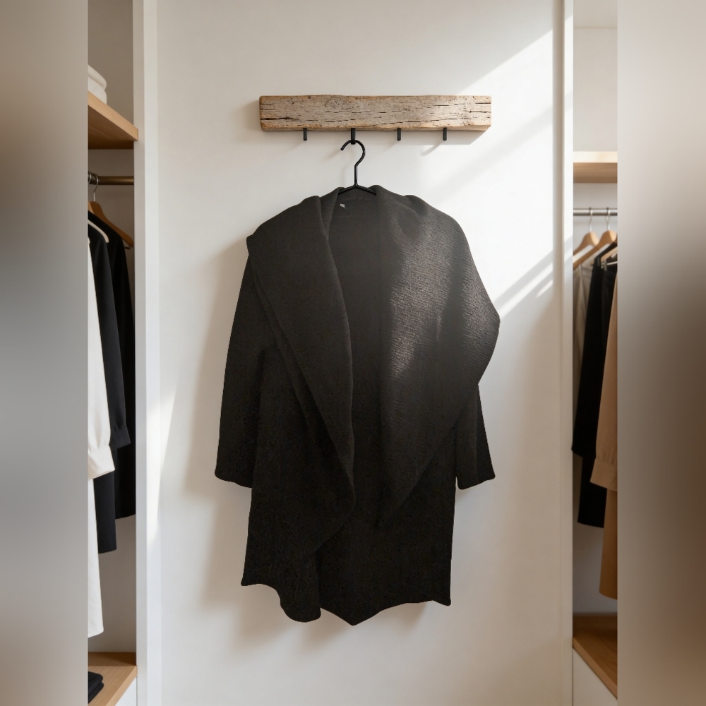 Ruti Eclipse Jacquard Coat | Black Draped Open Jacket | Size M | Textured Design